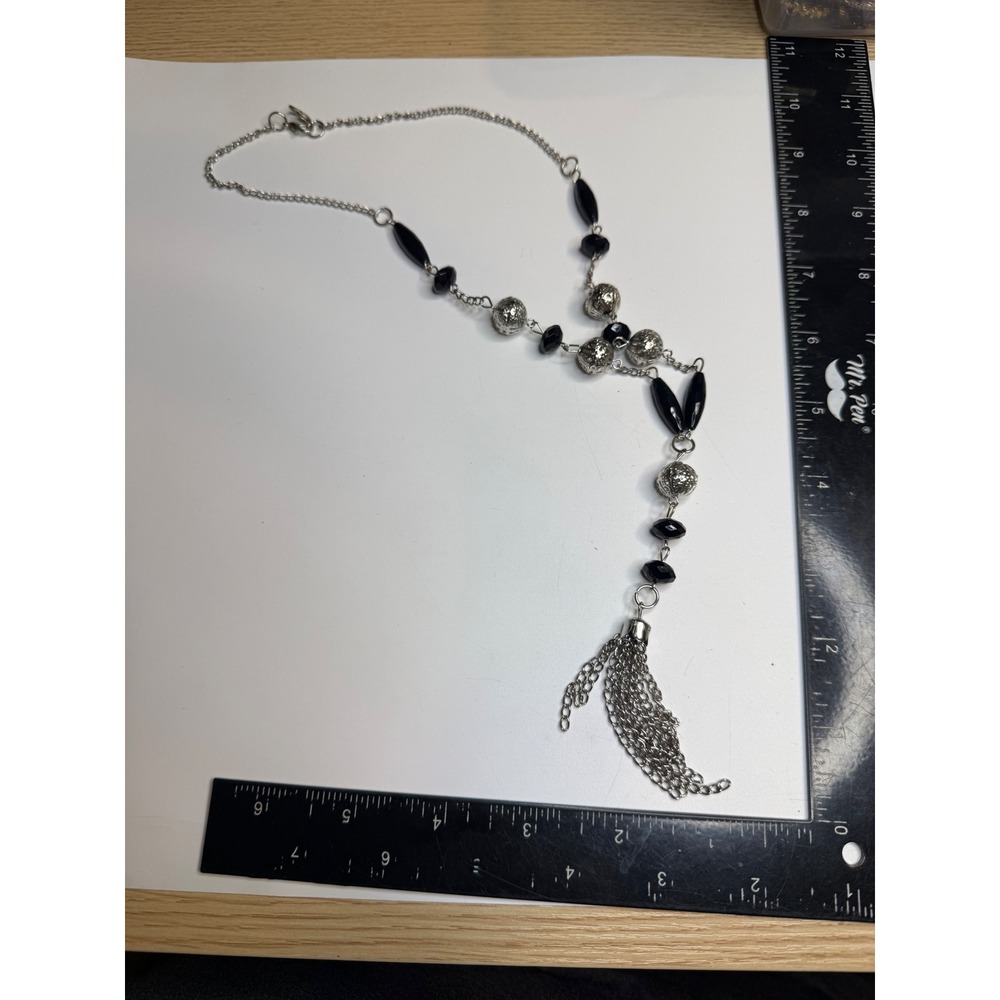 Silver Tone Black Bead Filigree Sphere Y-Drop Tassel Chain Necklace 20 Inch